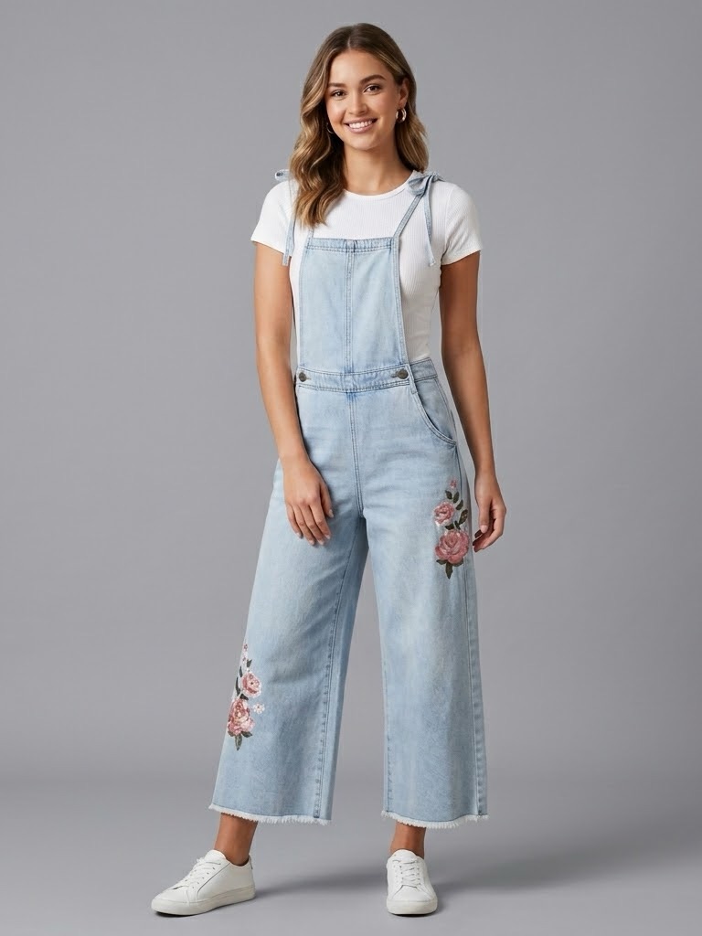 Free People X Driftwood Raphy Overalls Size M Embroidered Wide Leg Light Wash